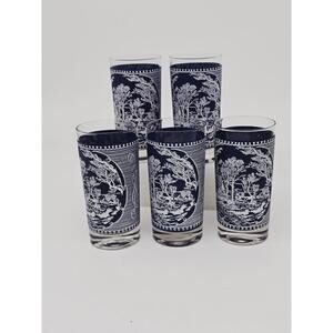 Royal Currier and Ives Blue 5 Glassware Tumbler 12oz Made In USA 1950's